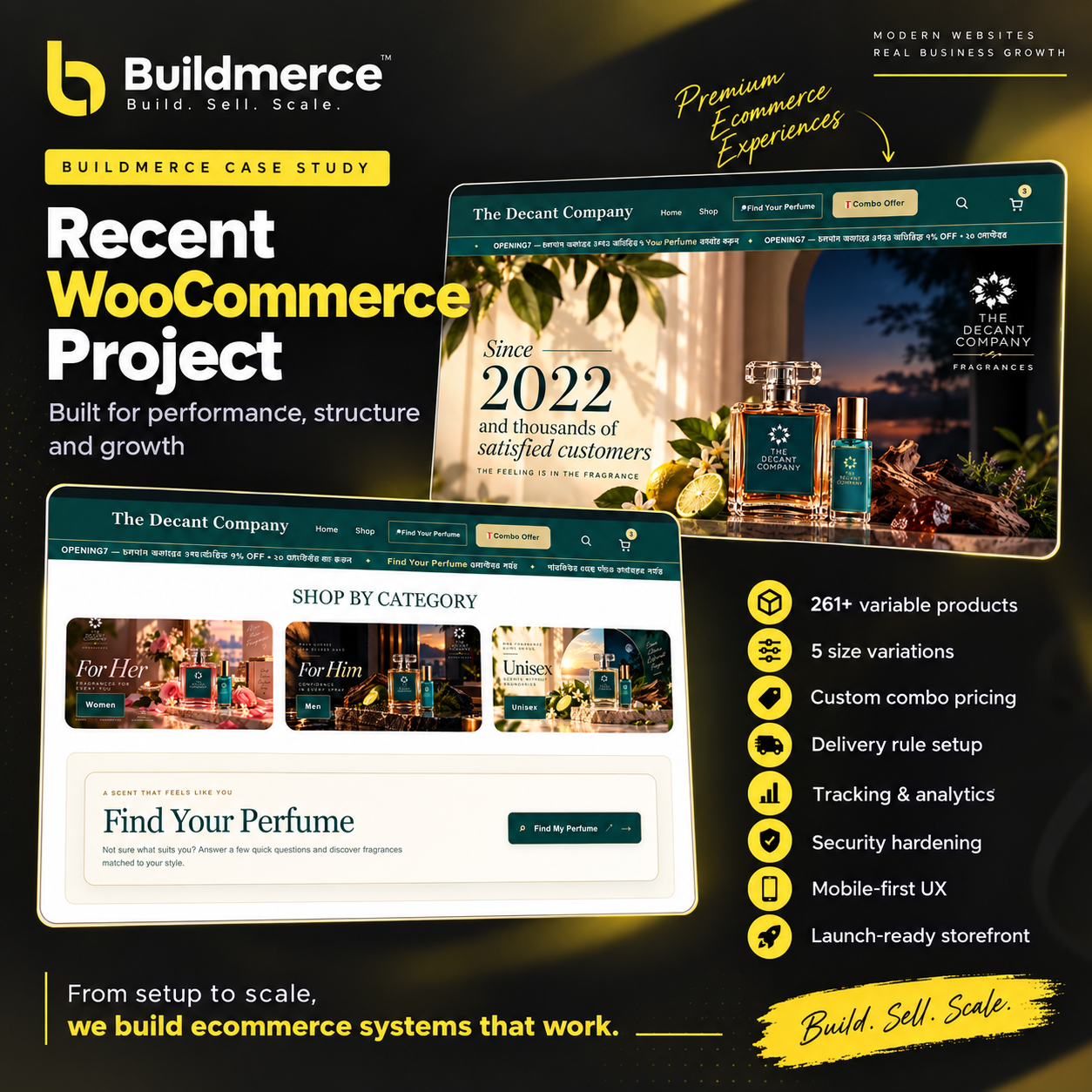 The Decant Company storefront shown across desktop views in the supplied Buildmerce case study
